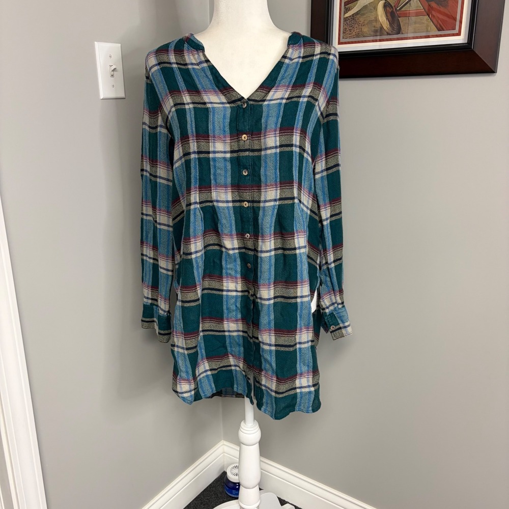 Akemi + Kin Anthropologie Teal Plaid High Low Tunic Shirt Small